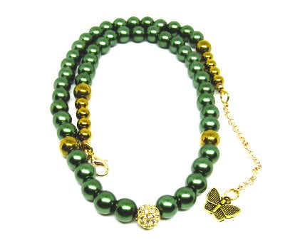 Stunning Cubic Zirconia, Czech Green Satin Beads, and Gold Hematite, Beaded Necklace, One-of-a-Kind, Crafted by Artistry Jewelry