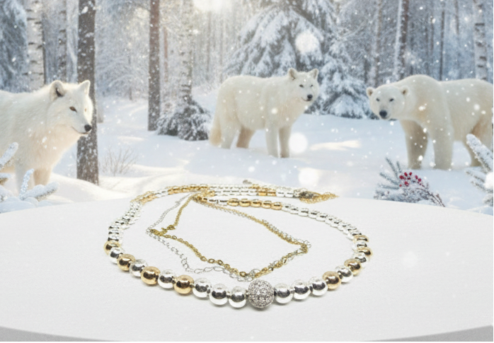 Gorgeous Handcrafted Two-Strand Silver and Gold Hematite and Chain Necklace with Cubic Zirconia Focal, Silver and Gold Tones- handcrafted by Artistry Jewelry