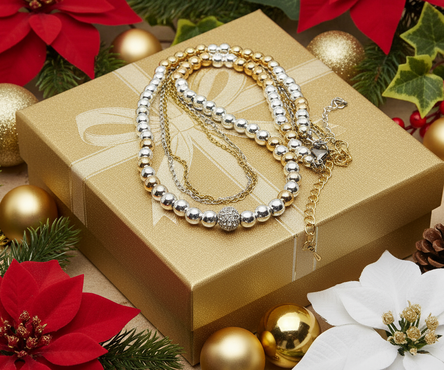 Gorgeous Handcrafted Two-Strand Silver and Gold Hematite and Chain Necklace with Cubic Zirconia Focal, Silver and Gold Tones- handcrafted by Artistry Jewelry