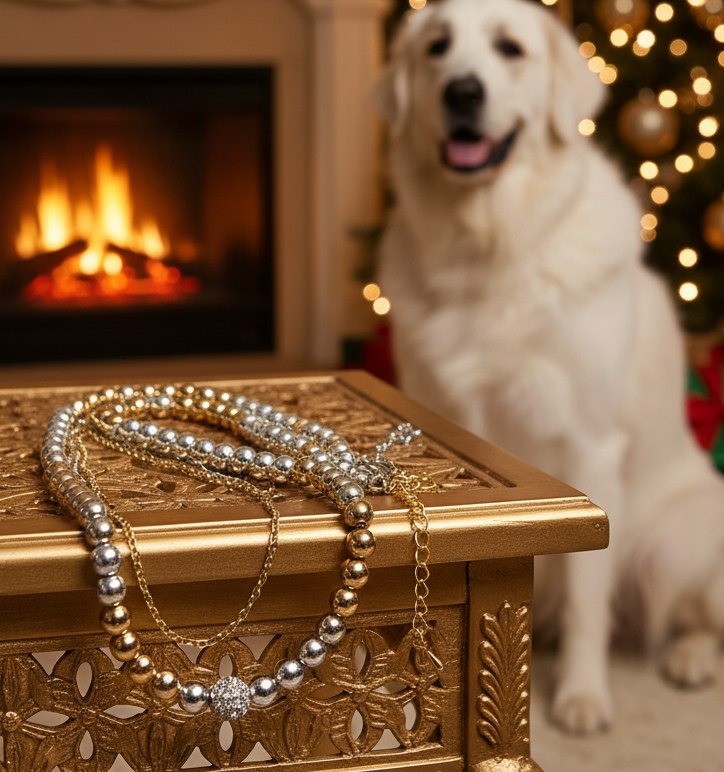 Gorgeous Handcrafted Two-Strand Silver and Gold Hematite and Chain Necklace with Cubic Zirconia Focal, Silver and Gold Tones- handcrafted by Artistry Jewelry