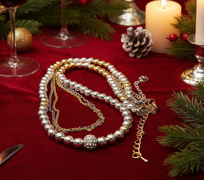 Gorgeous Handcrafted Two-Strand Silver and Gold Hematite and Chain Necklace with Cubic Zirconia Focal, Silver and Gold Tones- handcrafted by Artistry Jewelry