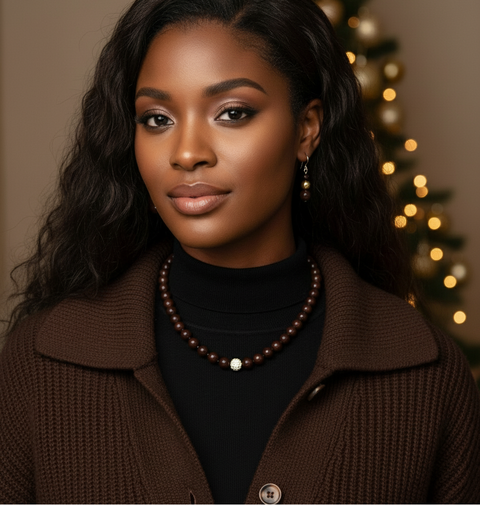 Beautiful One-of-a-Kind, Mocha Crystals and Pearl Necklace Set with CZ ball-handcrafted by Artistry Jewelry