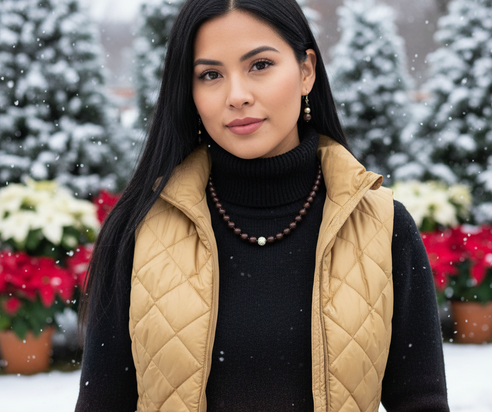 Beautiful One-of-a-Kind, Mocha Crystals and Pearl Necklace Set with CZ ball-handcrafted by Artistry Jewelry