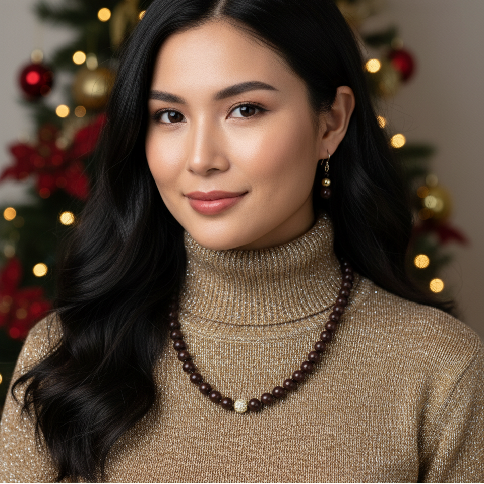 This is an exquisite brown necklace set.  Perfect for any occasion or for a special gift.  Made with Swarvoski Mocca crystals, Swarvoski Pearl Beads, Micro Pave CZ ball.  The earrings have Gold Filled ear hooks.  This set is simply stunning for anyone.