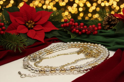 Gorgeous Handcrafted Two-Strand Silver and Gold Hematite and Chain Necklace with Cubic Zirconia Focal, Silver and Gold Tones- handcrafted by Artistry Jewelry