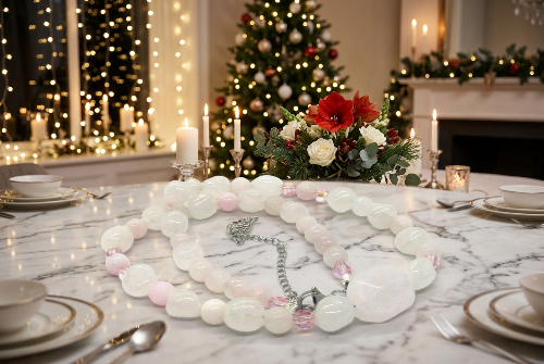 Stunning Rose Pink Quartz and Crystals, Semi-precious Beaded Necklace handcrafted by Artistry Jewelry