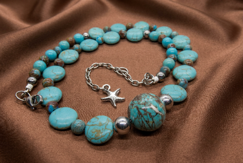 Lovely Crazy Lace Agate & Magnesite, Turquoise, Brown, Semi-precious, Beaded Necklace handcrafted by Artistry Jewelry