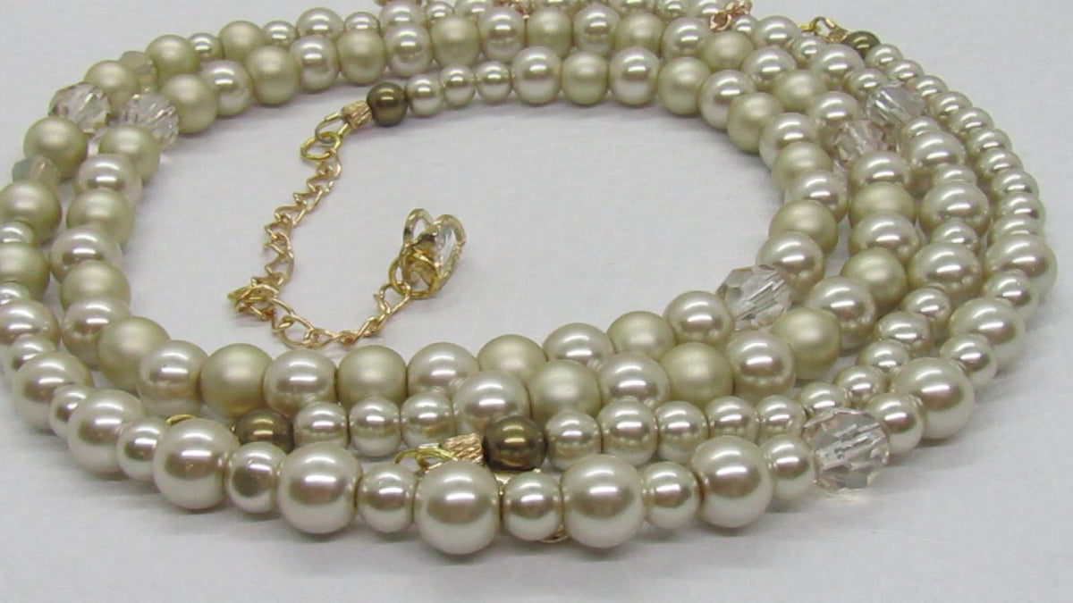 Radiant Crystal and Beige Matt Beads, Two-strand Beaded Necklace