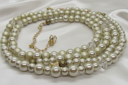 Radiant Crystal and Beige Matt Beads, Two-strand Beaded Necklace
