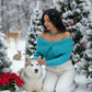 American Indian model in a necklace-matched turquoise-blue sweater