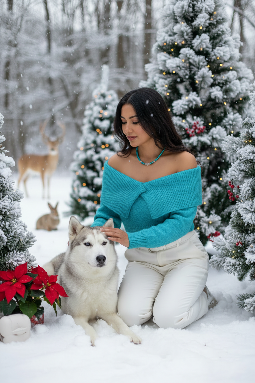 American Indian model in a necklace-matched turquoise-blue sweater