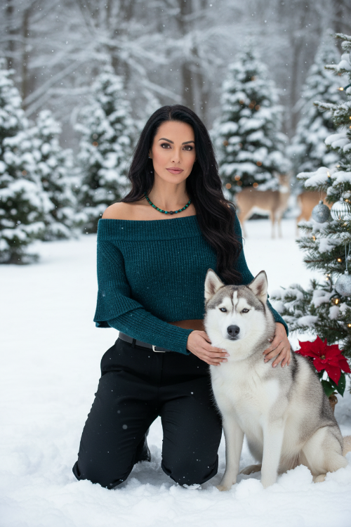 American Indian model in a snowy Christmas forest wearing the necklace