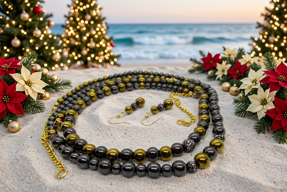 Christmas beach setting with the original jewelry as reference