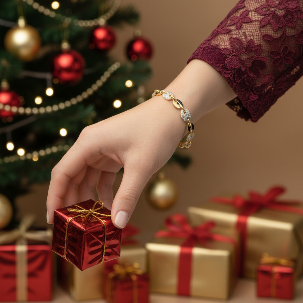 Christmas jewelry photo with a live model hand, burgundy lace sleeve, and wrapped present