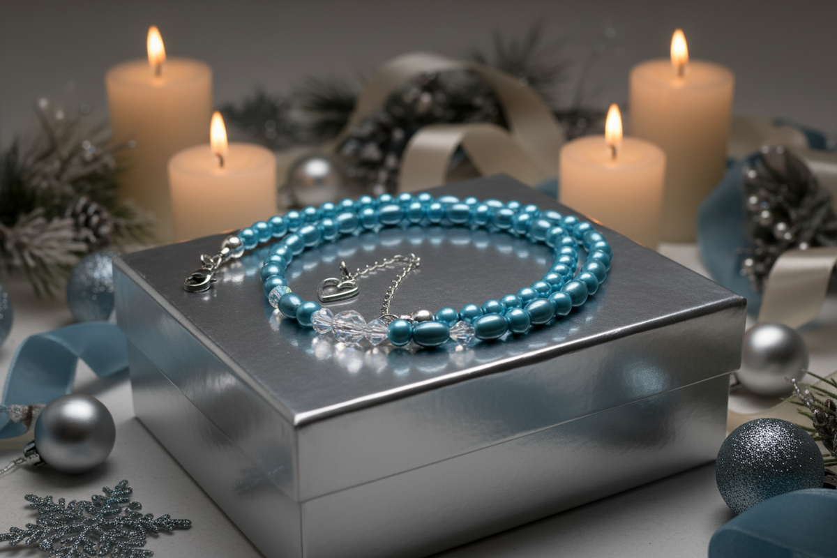 Light-blue necklace on a silver gift box with Christmas décor