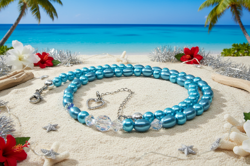 Light-blue necklace on a tropical Christmas beach