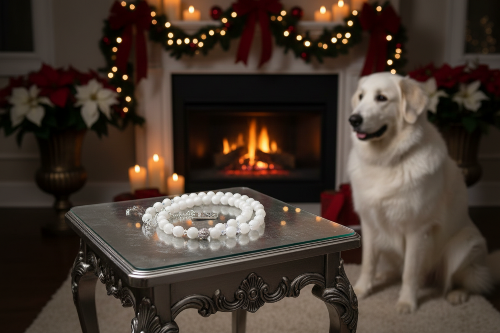 Necklace on silver table with Great Pyrenees