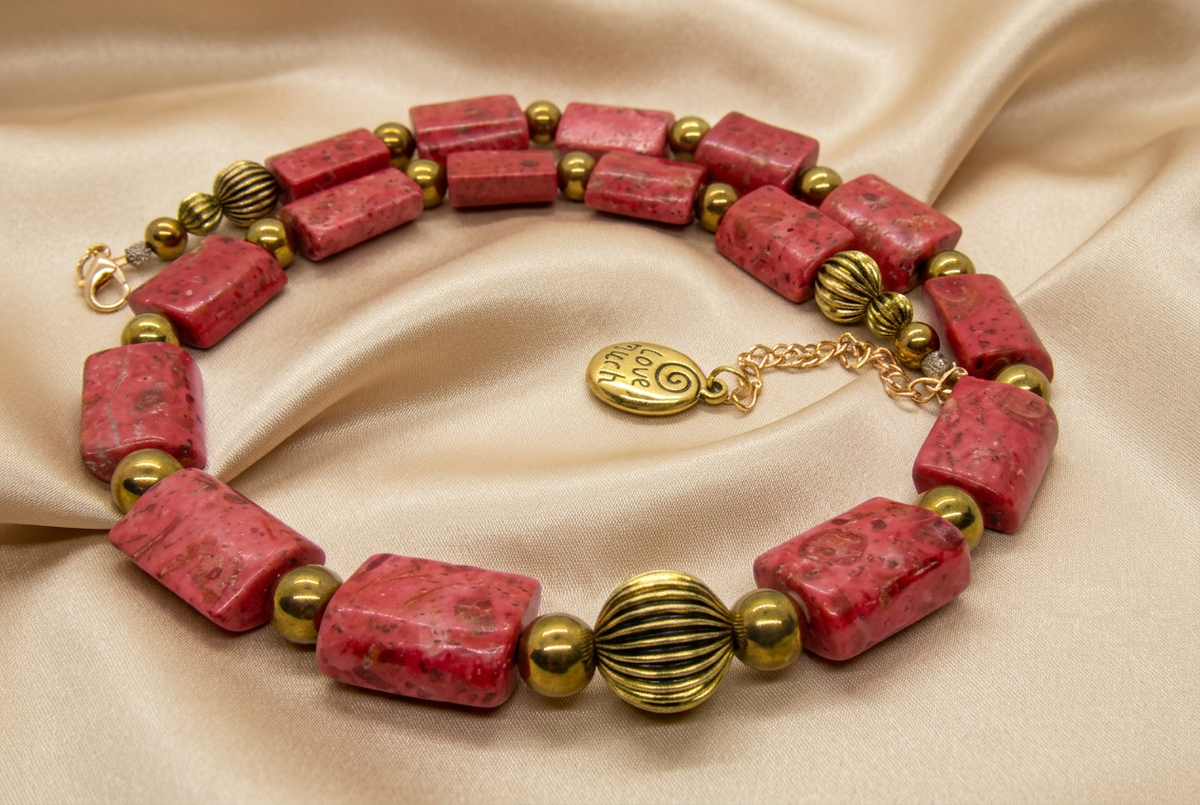 Necklace on soft gold satin with flowing waves