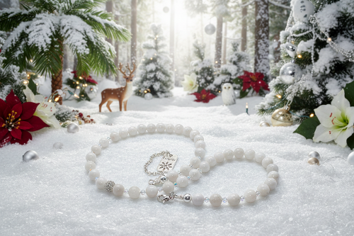 Necklace on sparkling snow in a Christmas forest