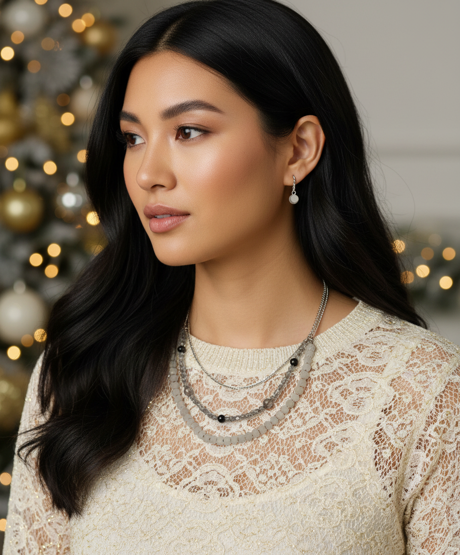 Three Layer Bib Necklace Set with Hispanic Model